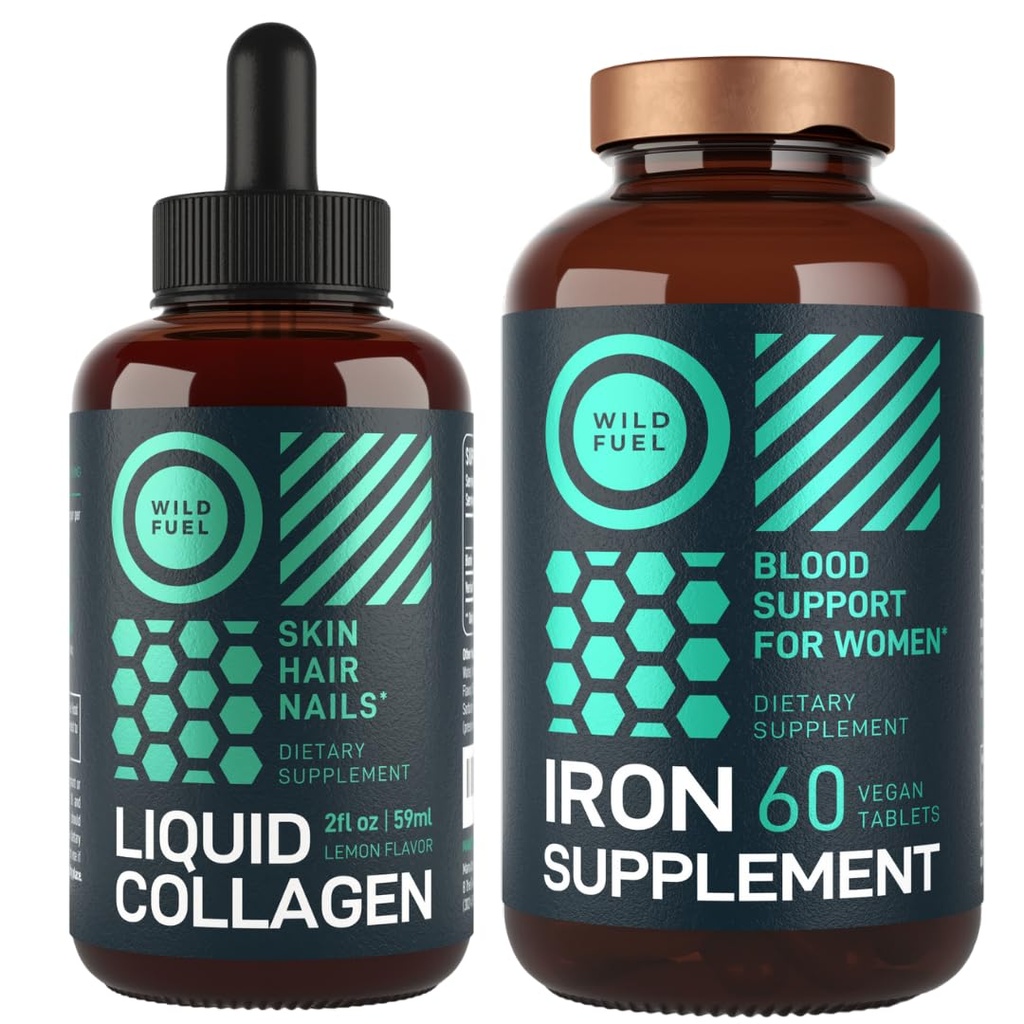 WILD POLTTOAINE Iron Supplement for Women with Folic Acid and Liquid Collagen Peptides with Biotin Female Health and Beauty Bundle