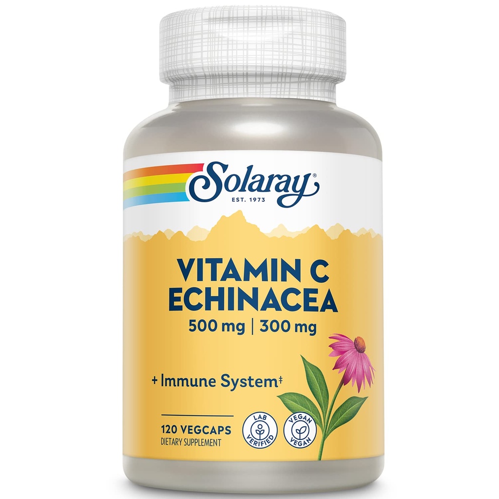 SOLARAY C- vitamiini ja Echinacea Root . Terve immuunijärjestelmä Support w/ 500 mg VIT C & 300 mg Echinacea per kapseli .