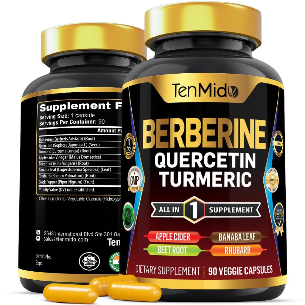 Berberiini täydentää miesten ja naisten, 8in1 Formula Quercetin, Turmeric, Apple Sider viinietikka, Beet Root & More - Ruoansulatus, Immuuni tuki - Rikas ravinne - 90 kapselia