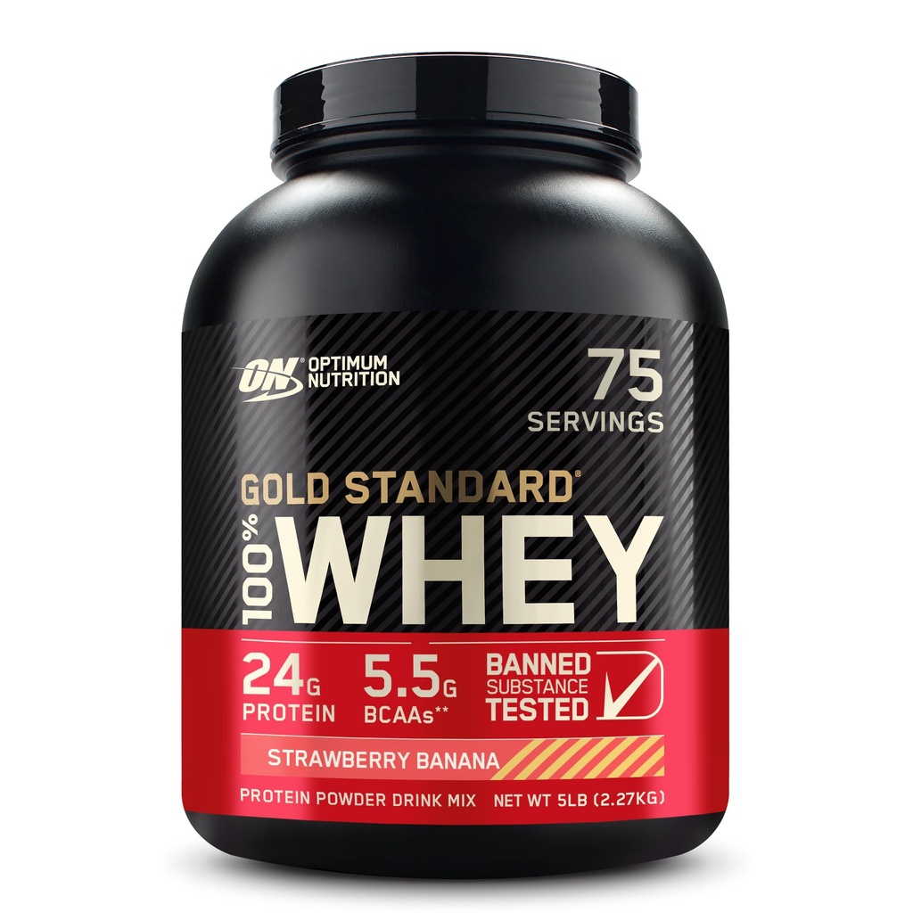 Optimum Nutrition Gold Standard 100% Whey Protein Powder, Mansikka banaani, 5 punta (Pakkaus May Vary)