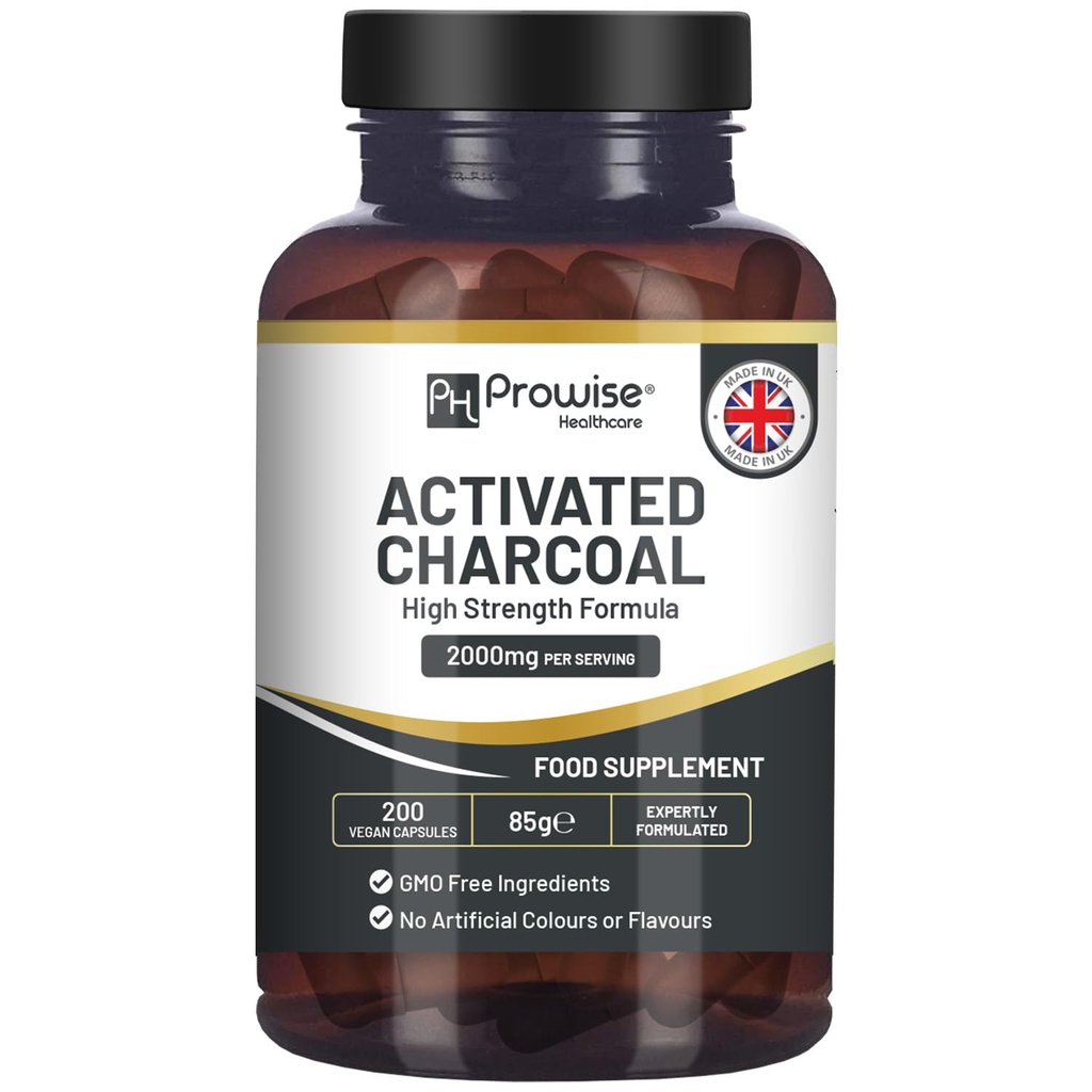 Aktivoitu Charcoal kapselit - 200 High Strength Vegan kapselit- 2000mg per Serving I Made in the UK by Prowise Healthcare