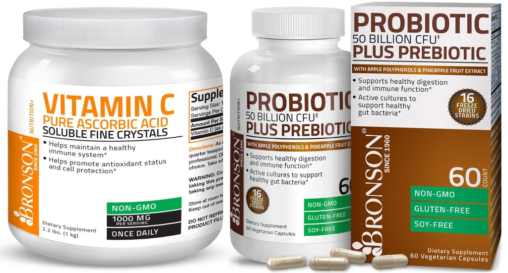 Bronson Probiotic 50 miljarder CFU + Prebiotic med Apple Polyphenols & Pineapple Fruit Extract Vitamin C Powder Pure Ascorbic Acid Soluble Fine Non GMO Crystals
