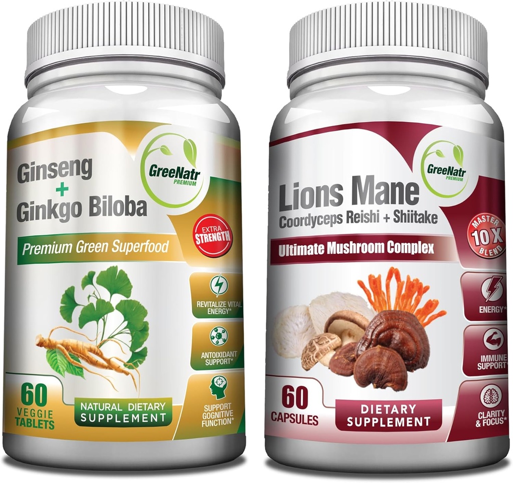 GreeNatr Mushroom Supplement, 10-i-1 Blend med Lions Mane, Cordyceps, Shiitake, Chaga,Turkey Tail, kombinerad med vår energi och hjärnfokus naturlig booster av Ginseng Root och Ginkgo Biloba