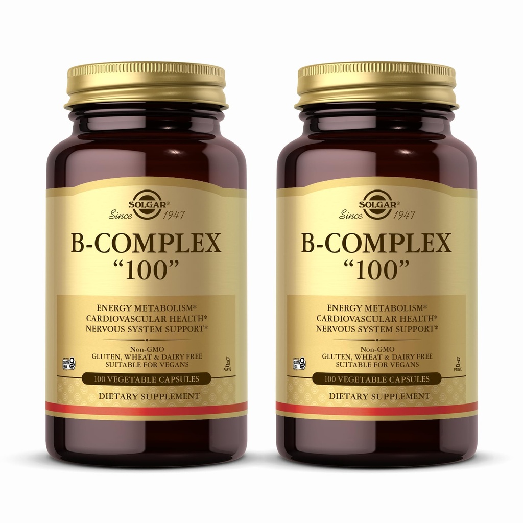 Solgar B-Complex 100" - 100 Vihanneskapselia, pakkaus 2 - Energiaaineenvaihdunta, Hermoston tuki - ei-GMO, Vegaani, Gluteenittomat - 200 Tarjoilut yhteensä