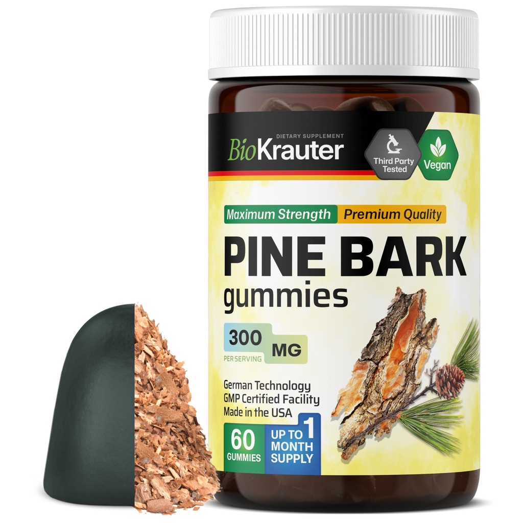 BIO KRAUTER Pine Bark Extract Gummies - 300 mg Strength - 60 Vegan Chews - French Maritime Pine Bark Extract - Antioksidanttia täydentää - 95% Proantosyanidinit - Pektiini-pohjainen Formula