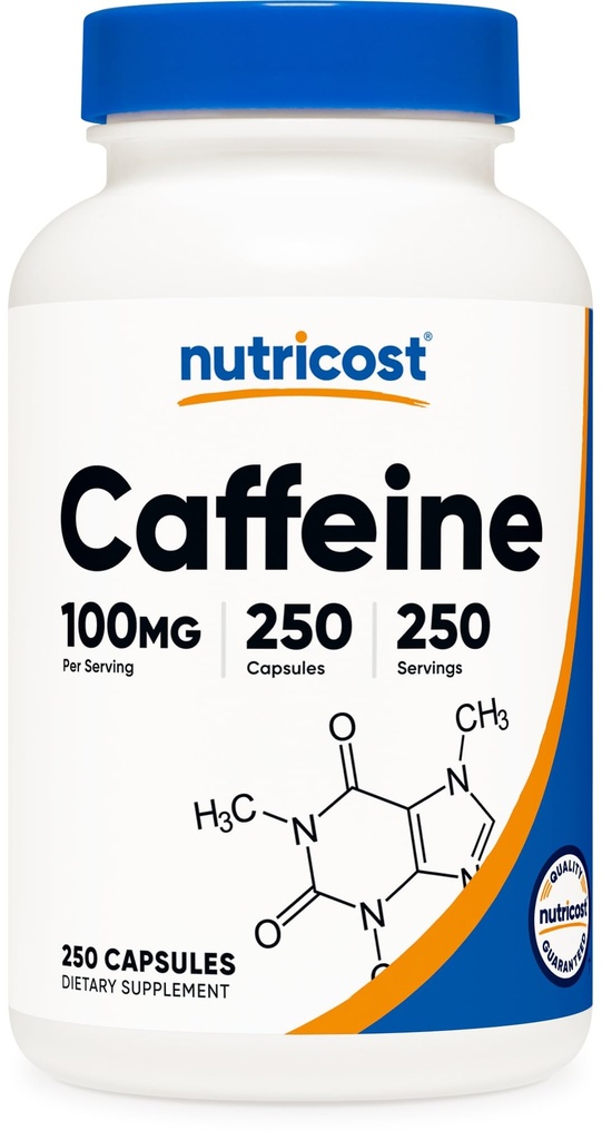 Nutricost koffeinpiller 100 mg per portion, 250 kapslar
