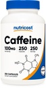 Nutricost kofeiini pillereitä 100mg per tarjoilu, 250 kapselia