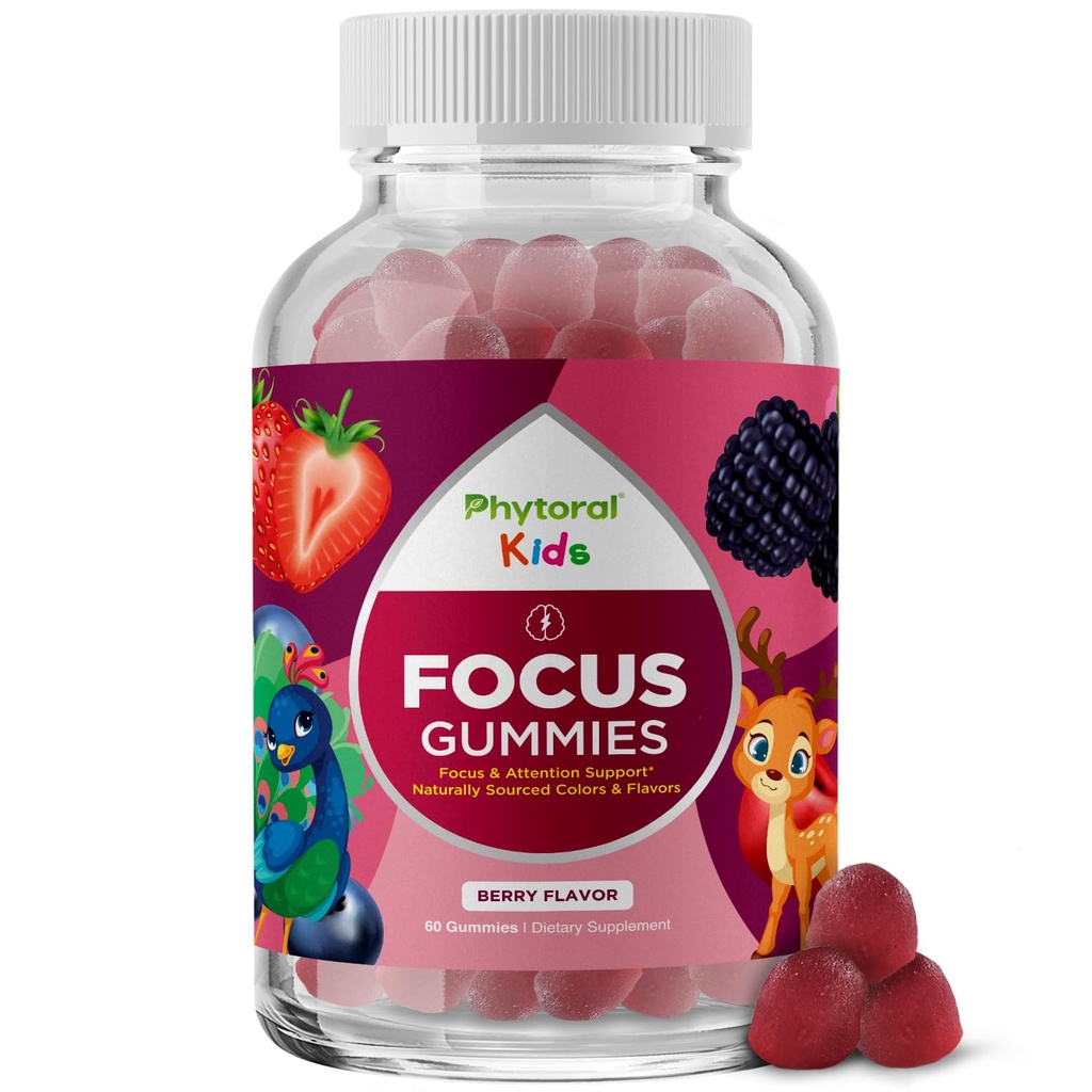 Phytoral Vegan Kids Focus Gummies - Potent Chewable Brain Support för barn - Förbättrar koncentration och minne - Kalmning Supplements & Focus Gummies för barn - Non-GMO & Gluten-Free - 60 Count
