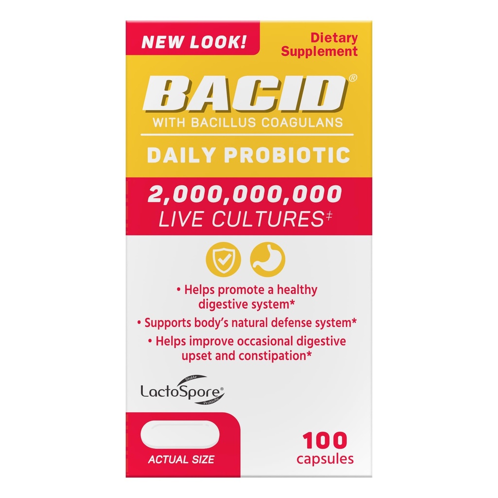 Bacid Daily Probiootti, jossa on Bacillus Coagulans, Digestiivisen terveyden ravintolisä, 100 kapselia