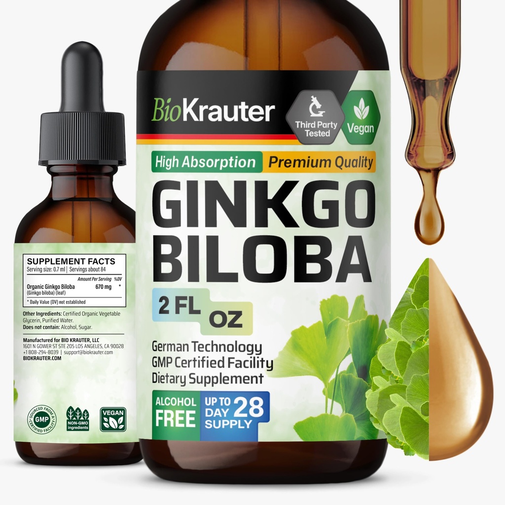 BIO KRAUTER Ginkgo Biloba Extract - Nestemäinen Ginkgo Biloba lisäravinteet aivoihin - Vegaani, alkoholiton ja sokeriton - 2 Fl Oz