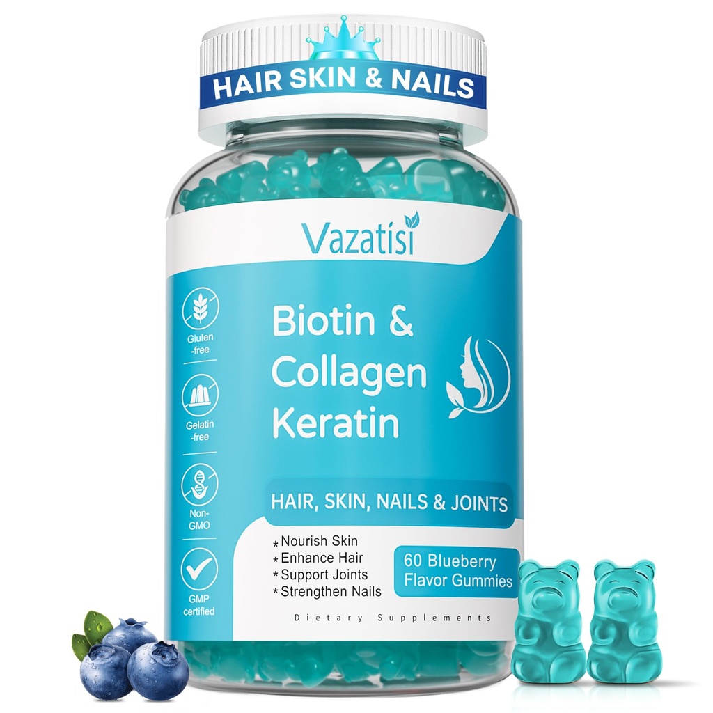 Biotin Gummies Collagen & Keratin hiukset ihon kynnet- tukee hiusten kasvua ja vahvempia kynsiä, naiset miehet, lapset - 60 mustikka makua Gummies
