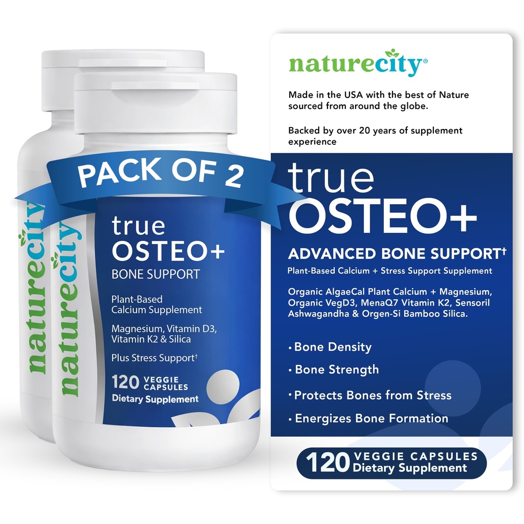 NatureCity True-Osteo+ Luu-tuki Ashwagandha-valmisteella Vahvuus & Tiheys - Plant-Based Calcium with Organic AlgaeCal, Magnesium, D3-vitamiini, K2, Silikoni- ja stressituki - 240 Kasviskapselia