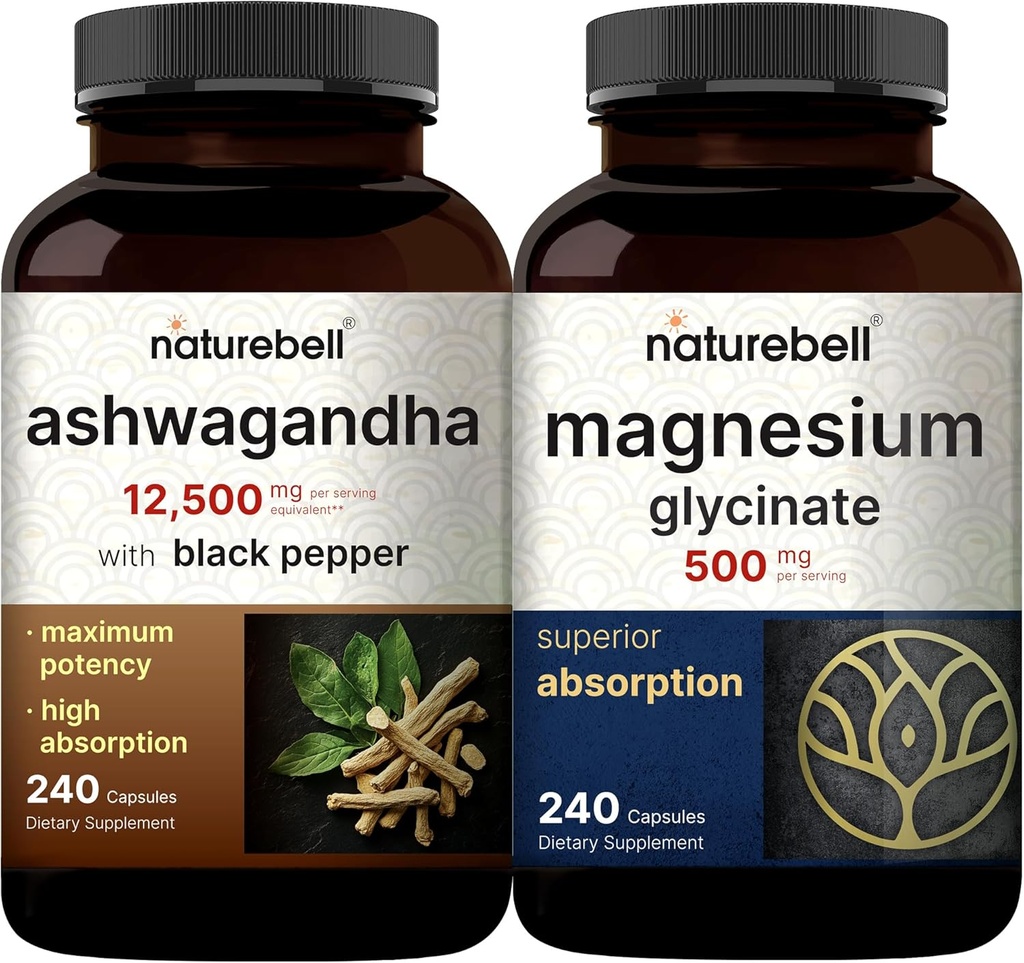 NatureBell Magnesium Glycinate Capsules 500 mg & Ashwagandha 12 500 mg Vastaava Black Pepper Bundle Packin kanssa ...