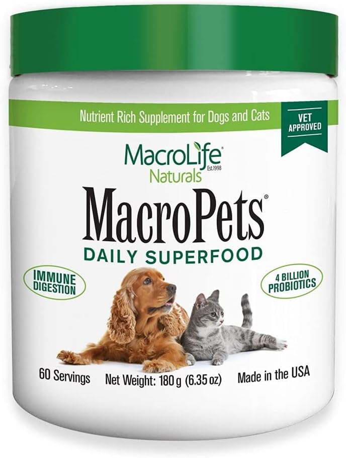 MacroLife Naturals MacroPets Greens Superfood Supplement Powder Topper för Dog Cat Small Mammal, Natural Nutrition Boost Probiotics Digestive Enzymes Vitamin E - Immune Gut Health & Energy - 6.35oz