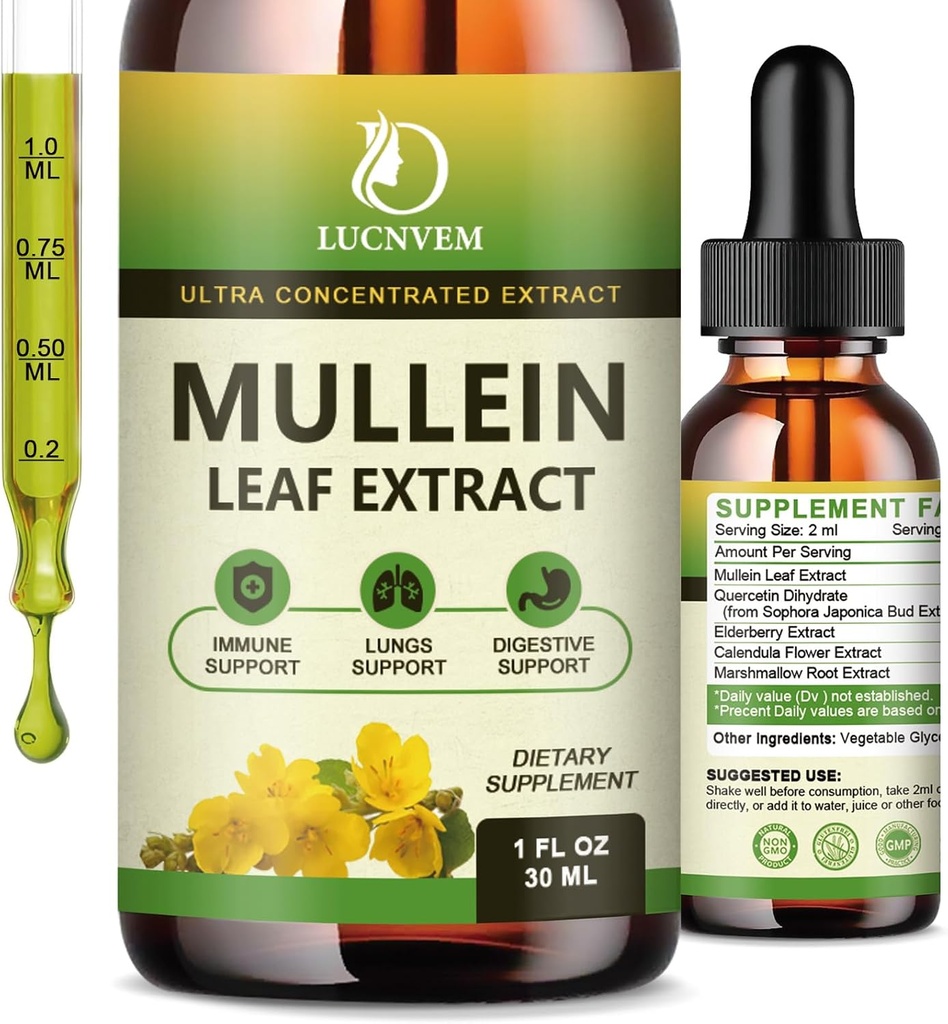 98% Absorption Mullein Drops för lungor, kraftfull 5 i 1 Mullein Leaf Herbal Blend Extract, Natural Lungs Support Supplement för Lungs Cleanse & Detox och Respiratory Lung Health
