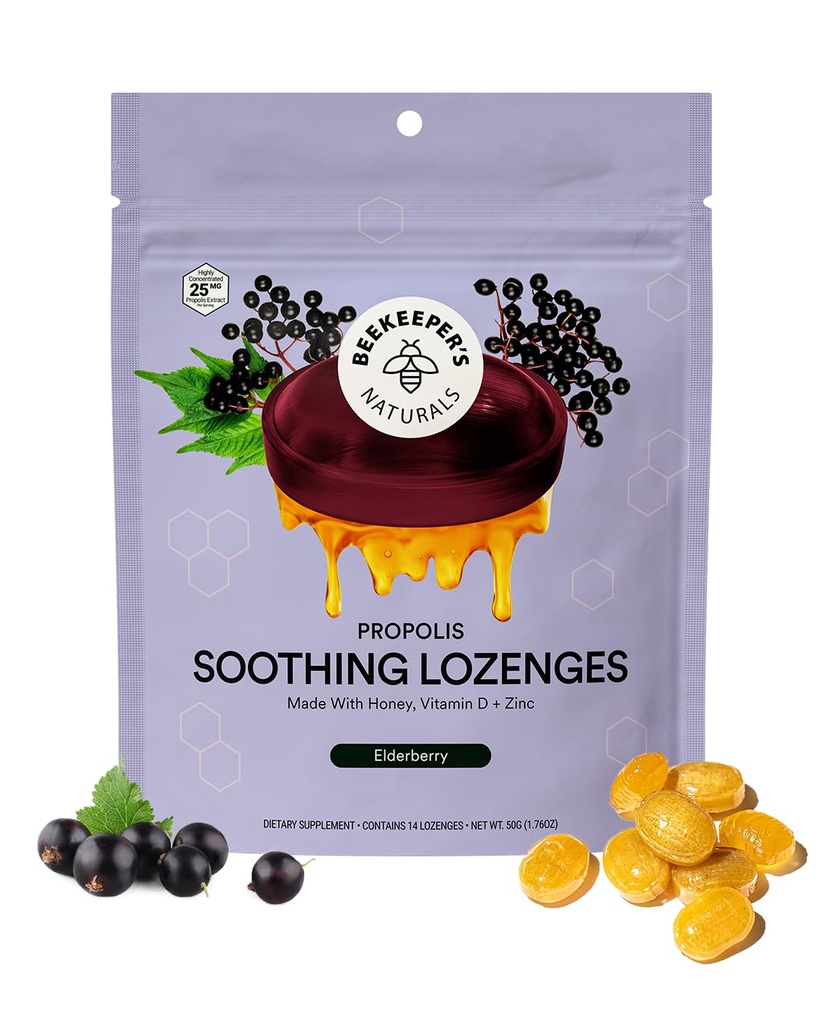 Mehiläishoitajan Naturals Rauhoittavat Honey Elderberry Cough Drops Immuuni tuki D-vitamiini, Sinkki ja Propolis Kurkku rauhoittaa Lozenges, 14 Ct
