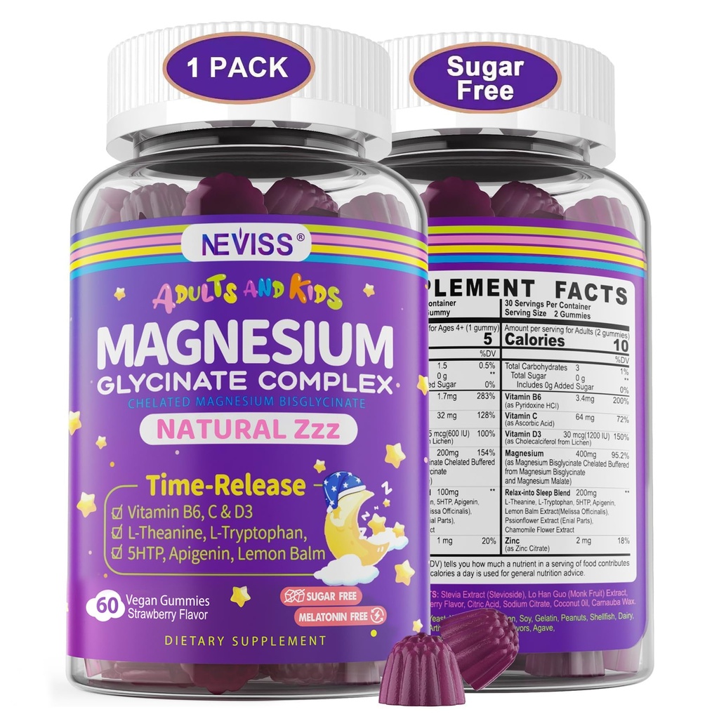 Magnesium Glycinate Gummies for Adults & Kids 4+, Sugar Free Magnesium Bisglysinate Supplement 400/200 mg with B6D3, 5HTP, L-Theanine for Sleep & Relaxation, Brain, Lihas, Melatoniini vapaa Gummies,1Pack