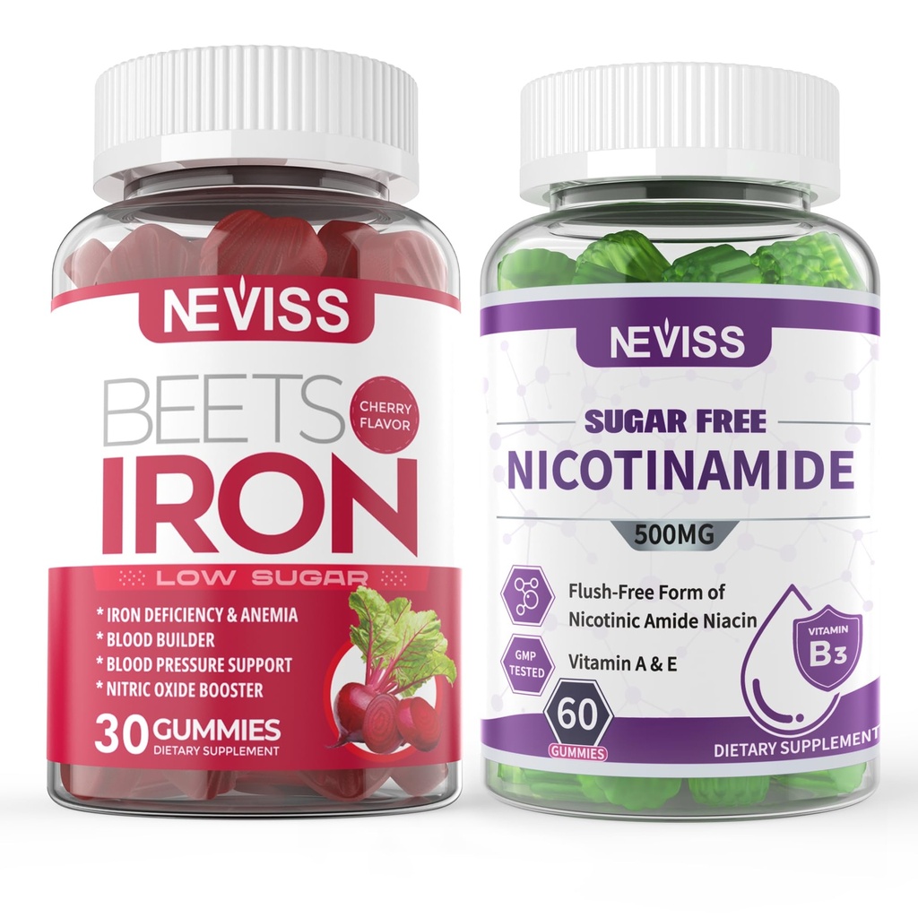 NEVISS Vegan Iron Supplement, Gentl Iron + Sokeriton Nikotinamidi 500 mg Gummies