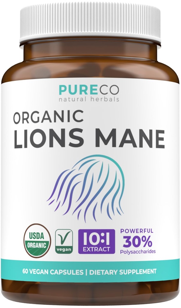 Organic Lions Mane Supplement Kapselit - USDA Organic Mushroom Supplement Kapselit 1000 mg Lion's Mane 10:1 Pura per Serving 30% Polysakkaridit - Vegan & non-GMO (1 kuukausi toimitus)