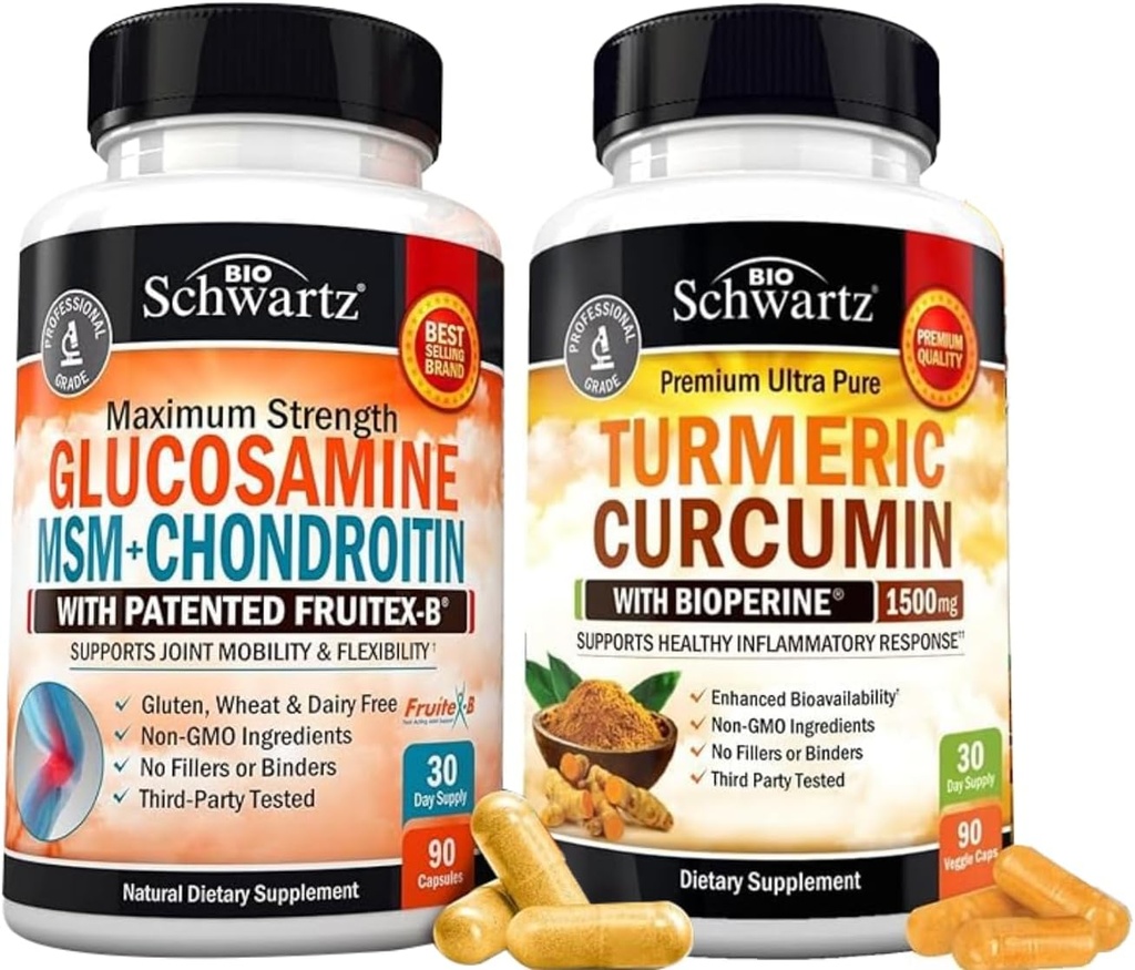 BioSchwartz Turmeric Curcumin with Black Pepper Extract 1500mg Complex (1 kuukausi tarjonta) Plus Glukosamiini Chondroitin MSM Triple Strength Joint Support Supply (1 kuukausi tarjonta)