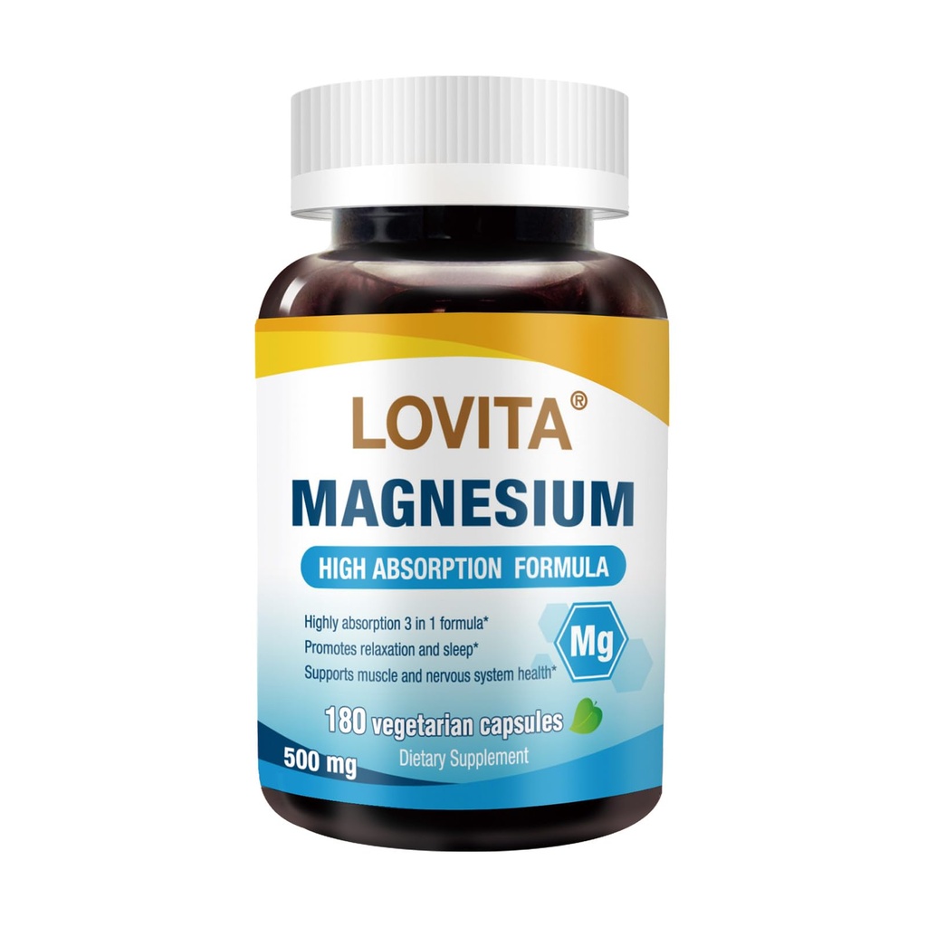 Lovita Triple Magnesium Complex 500mg, High Absorption och Potency Formel, Glycinate, Citrate & Oxide, Support Sleep, Relaxation, Heart, Nerves & Bone Health, 180 Vegan Capsules