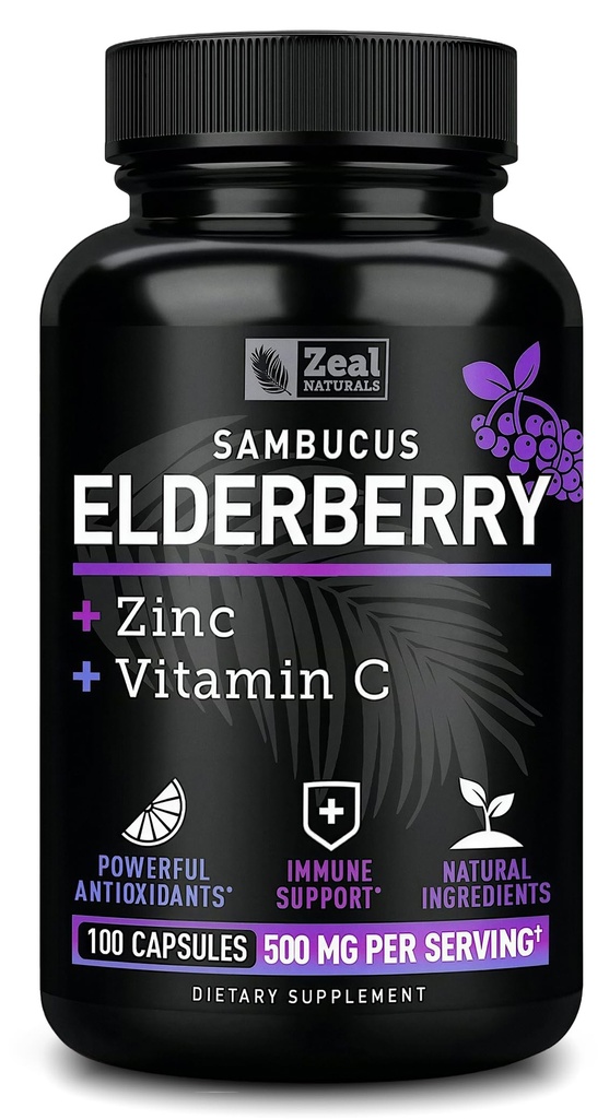 Zeal Naturals Max Strength Elderberry kapselit + Sinkki + C-vitamiini . 500 mg immuunijärjestelmän tuki musta Sambucus Elderberry 100 Count ... 3-in-1 Immuuni tuki aikuisille