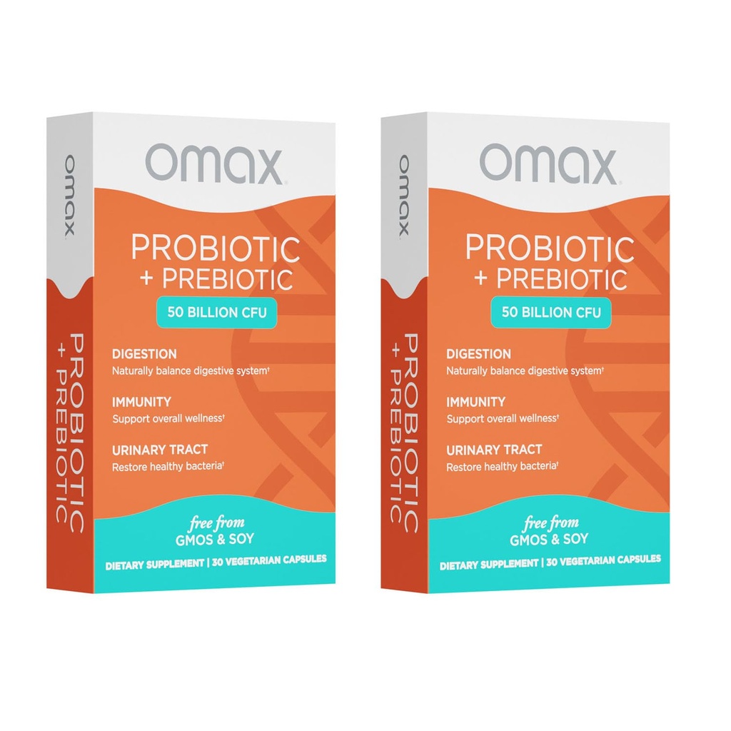 Omax3 Prebiootti & Probiootti 50 miljardia PMY + Chicory Inulin, 10 kanta, vähentää turvotusta, digestiota, SIBO, Vuotava Gut, emättimen pH, Acidophilus, Vegan, Dairy Free, Gluteeniton, Läpipainopakkaus pakattu (2 pakkaus)
