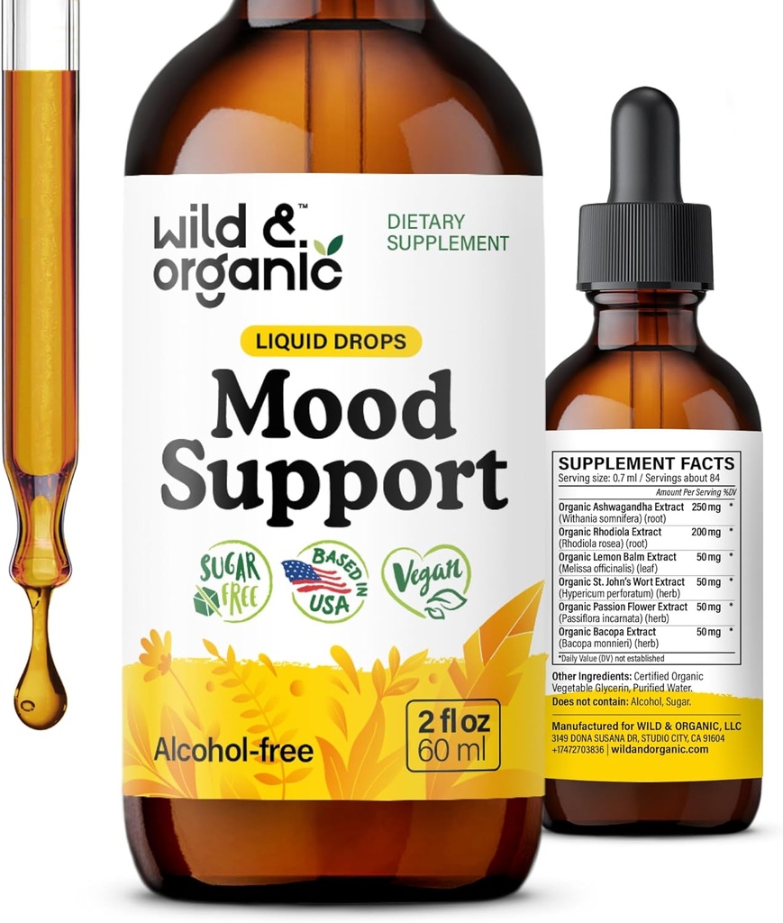 Wild & Organic Mood Support Drops - Good Mood Supplements w / Ashwagandha Root & Rhodiola Rosea - Naturliga flytande droppar för positiv energi - lugn och avkoppling tillskott för kvinnor och män - 2 oz