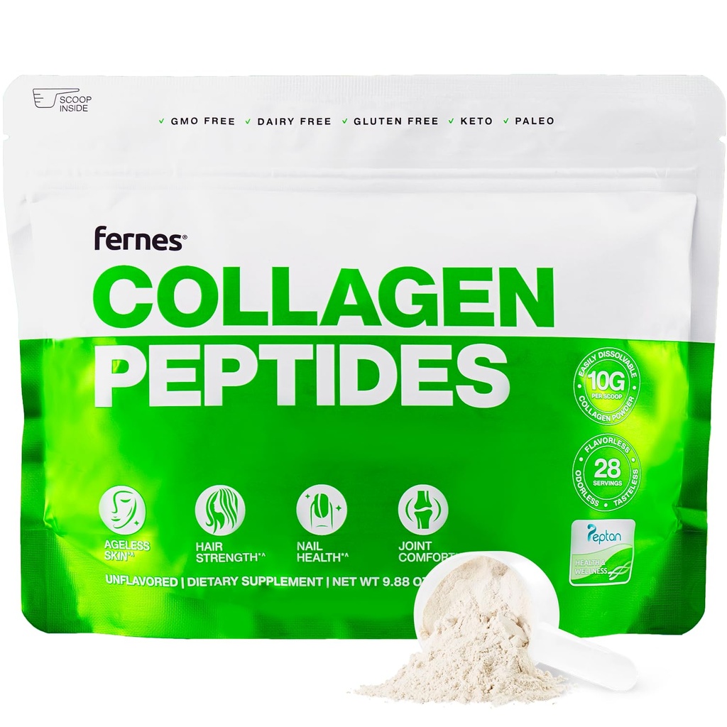 Hydrolyzed Collagen Peptides Supplement for Women & Men - Joint, Hiukset, iho ja kynnet Tuki - Grass Fed Tyyppi I & III - Keto, Paleo - 28 Tarjoilut, 9,88 oz, makuamaton jauhe