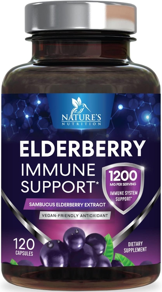 Elderberry Immune Support 1200mg - Päivittäinen Immuuni tuki aikuisille voimistaa Sambucus Musta Elderberry Extract - Antioksidantti vitamiini täydentää, Gluteeniton, pullotettu USA - 120 kapselia