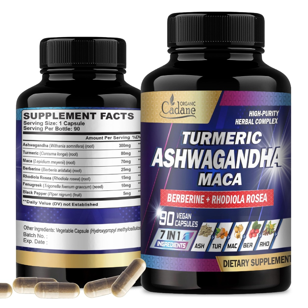 Organic Cadane Ashwagandha Supplements - Memory, Immune System & Strength Support - 7in1 Koncentrerad med gurkmeja, Maca Root, Berberine & More - 90 Vegan kapslar för 3-månaders leverans
