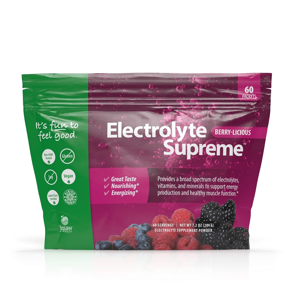 Jigsaw Health Electrolyte Supreme | Bredspektrum av elektrolyter + spårmineraler | Berry-Licious smak | 60 portioner (Packets)