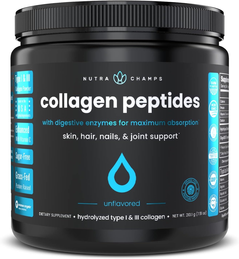 Collagen Peptides Powder - tehostettu absorptio, kaksinkertainen hydrolysoitu, Grass Fed, Keto Protein Powder kanssa C-vitamiini - Premium täydentää hiusten kasvua, ihoa, kynnet, nivelet ja luut, makuamaton