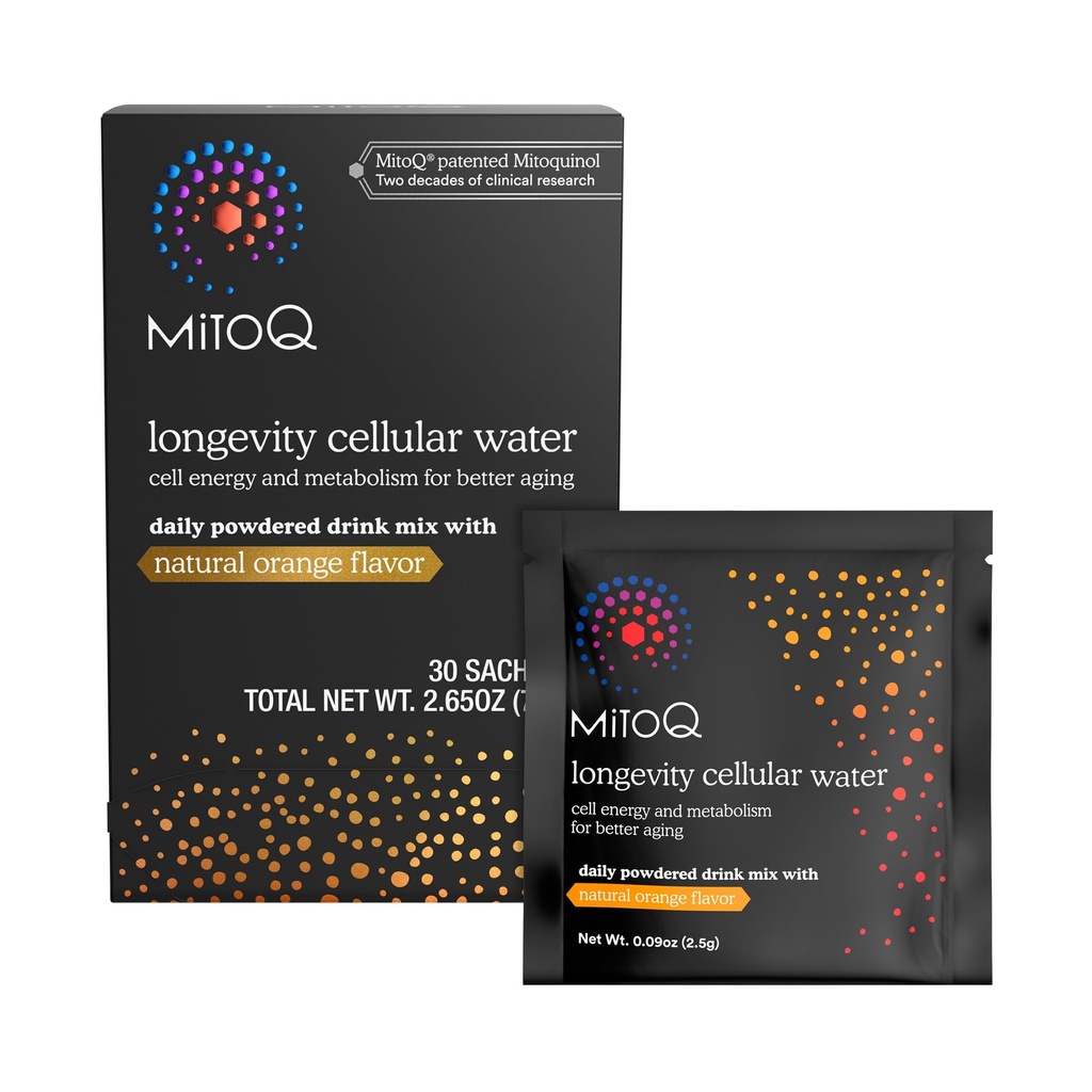 MitoQ Longevity Cellular Water Daily Powdered Drink Mix Natural Orange Flavor - Mitokondriot-kohdennettu antioksidantti - Soluenergia ja aineenvaihdunta parempaan ikääntymiseen (Orange, 30 Packets)