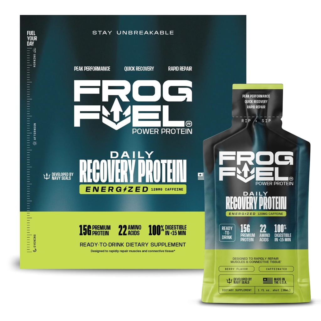 Frog Fuel Power Energized Protein Shot, 15g Protein Nano-Hydrolyzed Grass Fed Collagen, 120mg kofeiini, rasvaton ja sokeriton, 22 Aminohapot, 0 Karbs, Berry, 1 oz Packets, 24 pakkaus