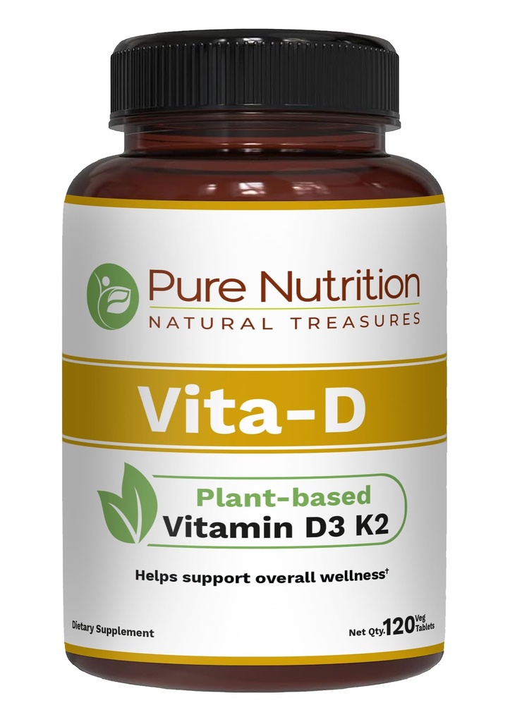 Pure Nutrition Vita D3 K2 - Plant Based Vitamin D3 K2 Supplement | 120 Tabs | Vitamin D3 6000 IE | Vitamin K2 som MK7 100mcg | Vitamin K2 D3 | Non GMO |