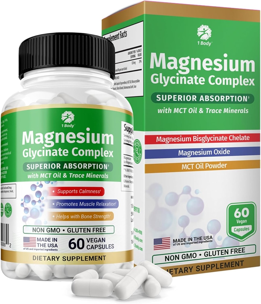 1 Body Magnesium Glycinate Complex, korkea imeytyminen Magnesium Supplement for Rauhoitu, Lihasrelaksaatio & Bone Health Support, Vegan with MCT Oil & Trace Minerals, non-GMO, 60 kapselia