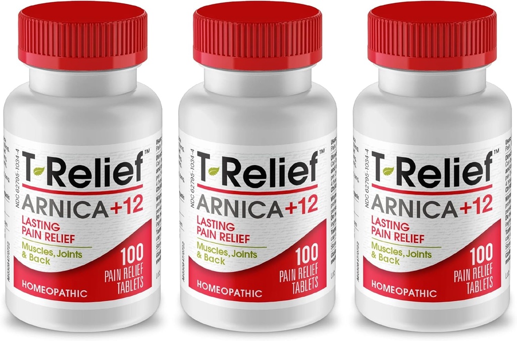T-Relief Arnica +12 Natural Reliving Actives for Back Pain nivelen särky lihassärkyjä ja jäykkäys, koko kehon nopea toiminta helpotus naisille ja miehille - 100 tablettia (3 pakkaus)
