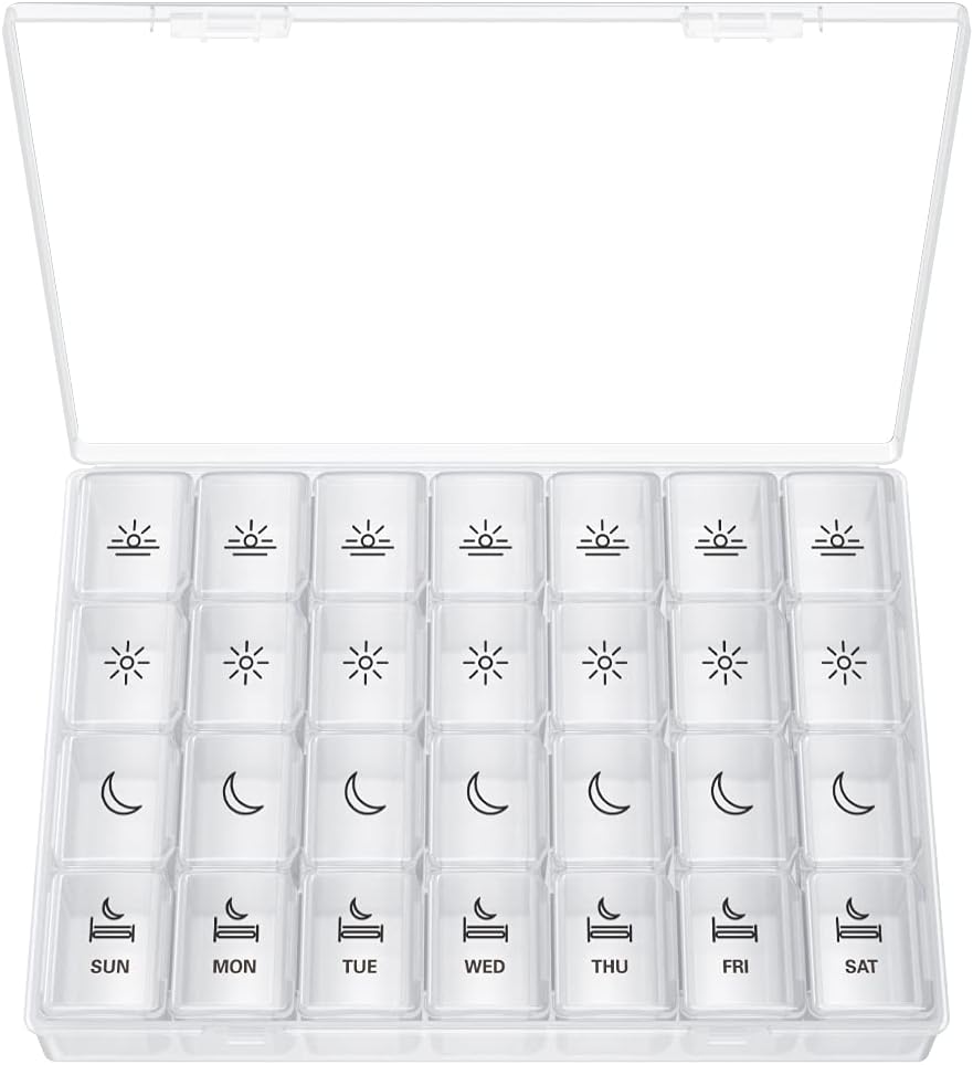 XL Pill Organizer 4 gånger om dagen, BUG HULL Extra Large Weekly Pill Box Case, 7 Day Vitamin Container Daily Pill Holder för Cod-Liver Oil, Vitaminer, Supplements (White)