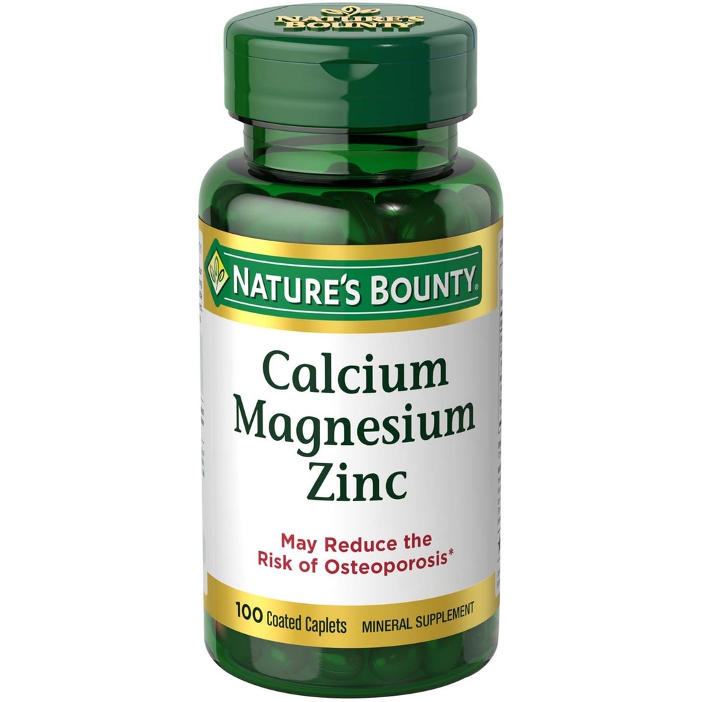 Nature's Bounty Calcium Magnesium & Sinkki Caplets, Immune & Bone Health, Daily Supplement, 1000 mg Kalsium, 400 mg Magnesium, 600 IU D-vitamiini, Gluteeniton, 100 Caplets