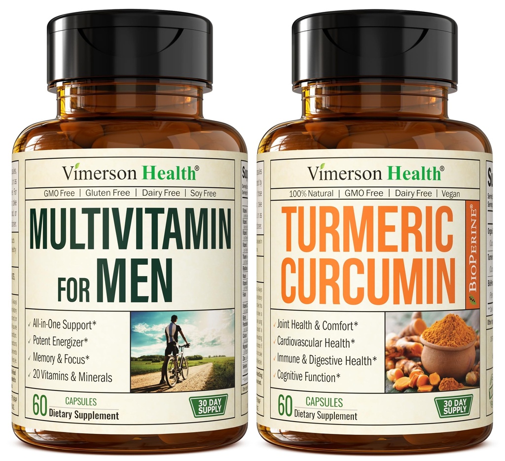 Vimerson Health Miesten Multivitamiini + Turmeric Curcumin Black Pepper Extract Bundle. Joint ja Immuuneja tuki, epämukava helpotus, antioksidantti ominaisuuksia hänelle