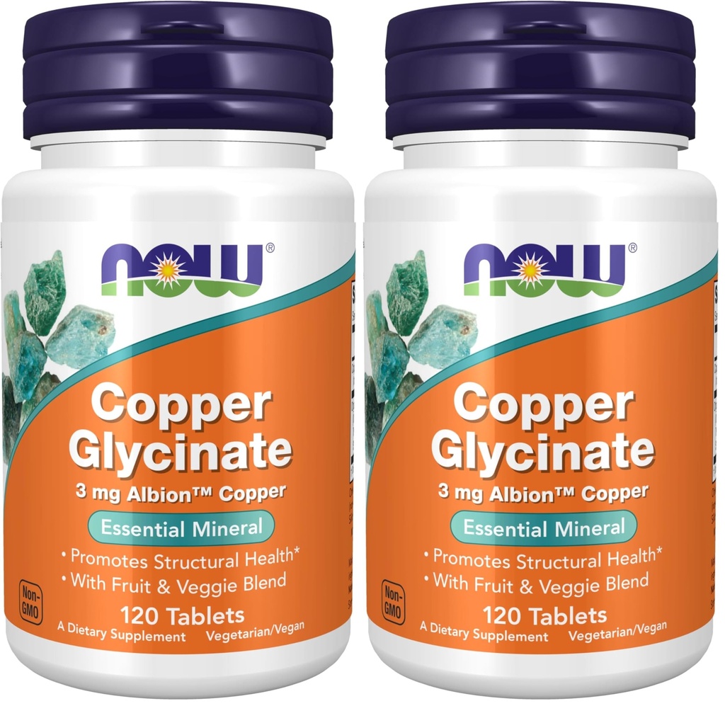 NOW Supplements, Copper Glycinate med 3mg Albion Copper, främjar strukturell hälsa *, 120 tabletter, Light Gray, Tan (Pack of 2)