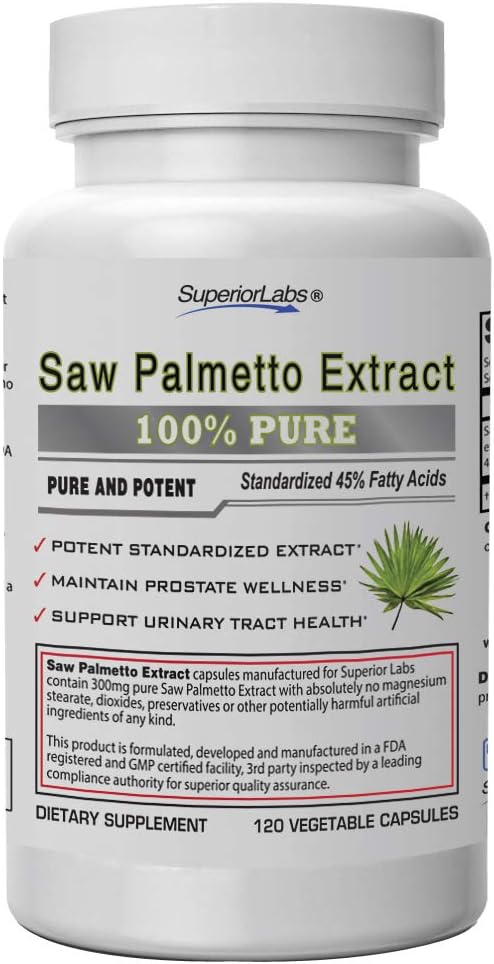 Superior Labs - Saw Palmetto Extract NonGMO, Non Synthetic - 300 mg Dosage, 120 Vegetable Capsules - Stöder urinvägsflöde och frekvens
