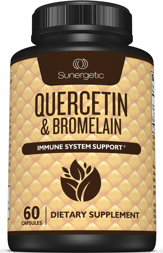 Sunergetic Premium Quercetin & Bromelain Supplement - Kraftfull Quercetin Bromelain Complex för att hjälpa till att stödja immunsystem och säsongsstöd - Quercetin 1000mg Per servering - 60 kapslar