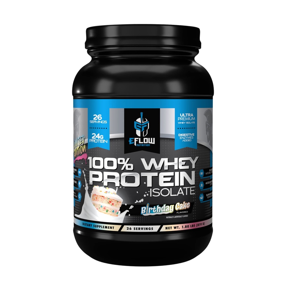 eFlow Nutrition 100% Whey Protein Isolate - Laktosfri Digestive Enzymes Added, Low Carb, Post Workout Shake, Fast Digesting for Optimal Muscle Recovery - Födelsedagstårta (26 portioner)