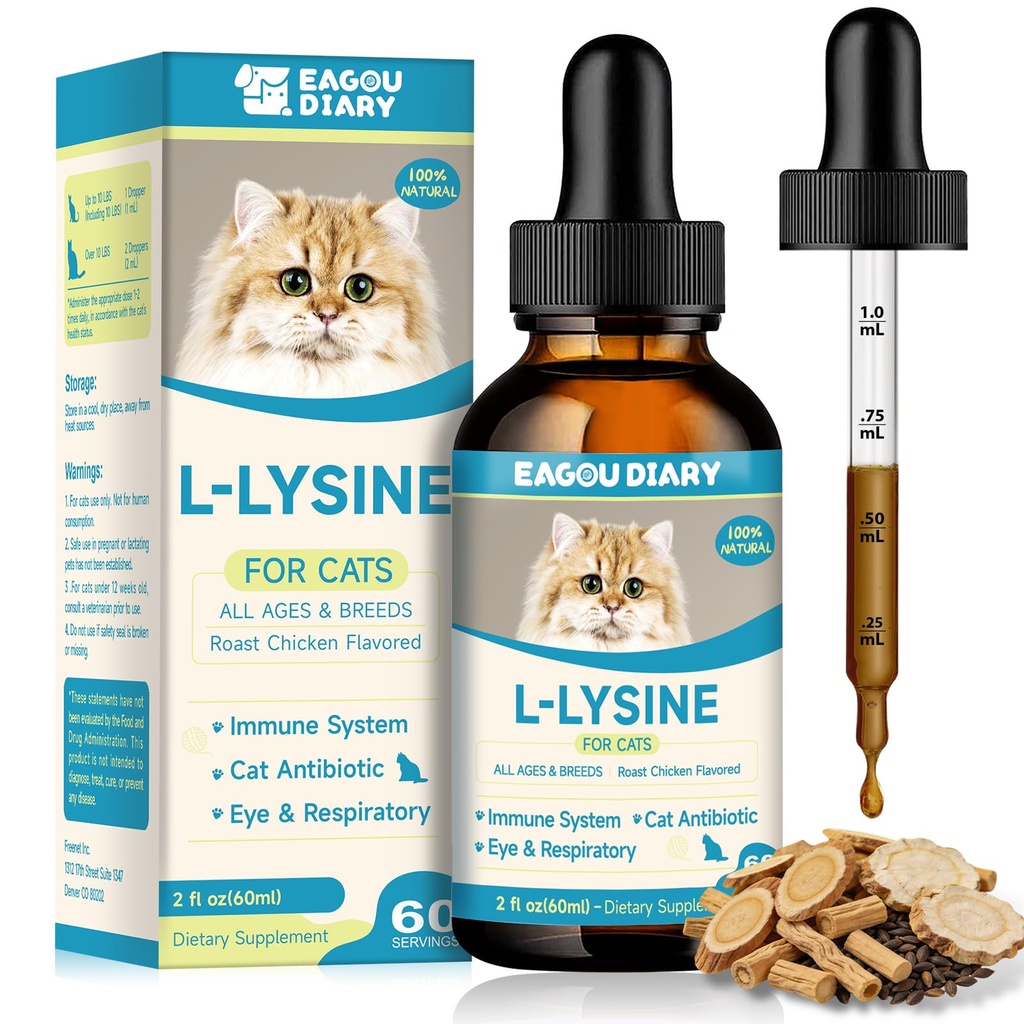 L-Lysine kissoille,Lysine Drops Immuunin tuki täydentää, Aivastelu, Kylmyys, Allergia Relief, Runny Nenä, Feline hengitystiet, luonnollisia antibiootteja kissoille Colostrum,Tauriinia (Roast Chicken Flavor/2floz)