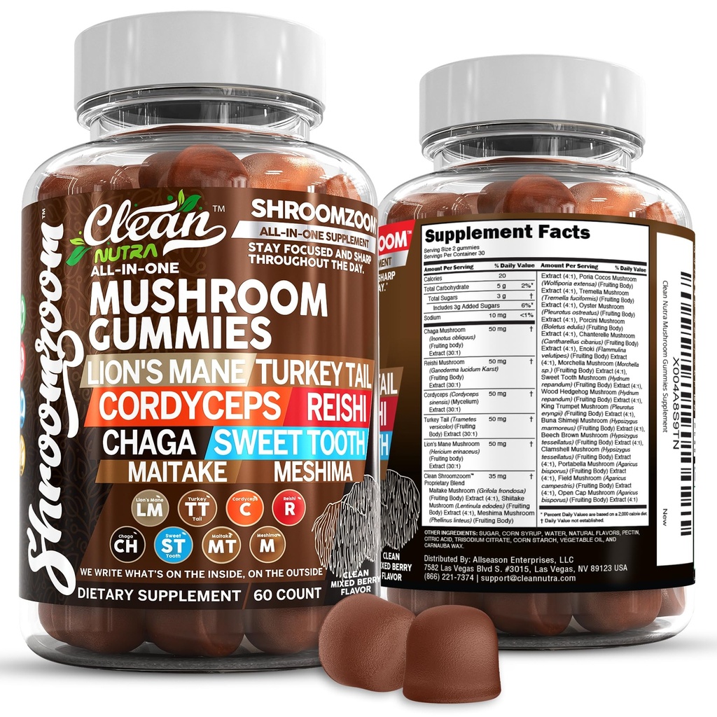 15in1 Mushroom Gummies med Lion Mane Turkey Tail Cordyceps Reishi Chaga Sweet Toot Maitake Meshima Poria Cocos Shiitake Tremella, Oyster Agaricus Mushrooms för män och kvinnor Supplement Clean Nutra