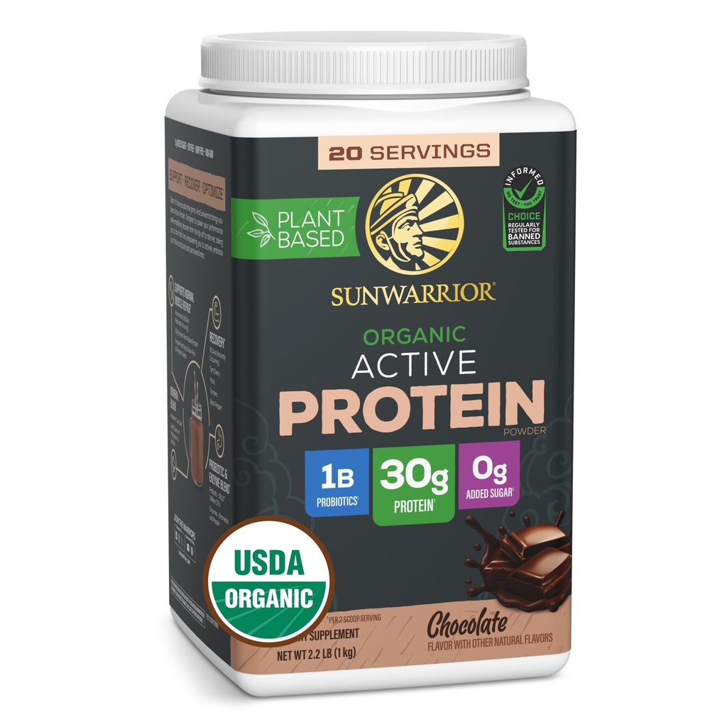 Sunwarrior Organic Plant Based Protein Powder | Vegan Organic Protein Powder med BCAA Amino Acids Plus Recovery Minerals & Botanicals | Non-GMO Soy Dairy & Gluten Free (Chocolate, 20 portioner)