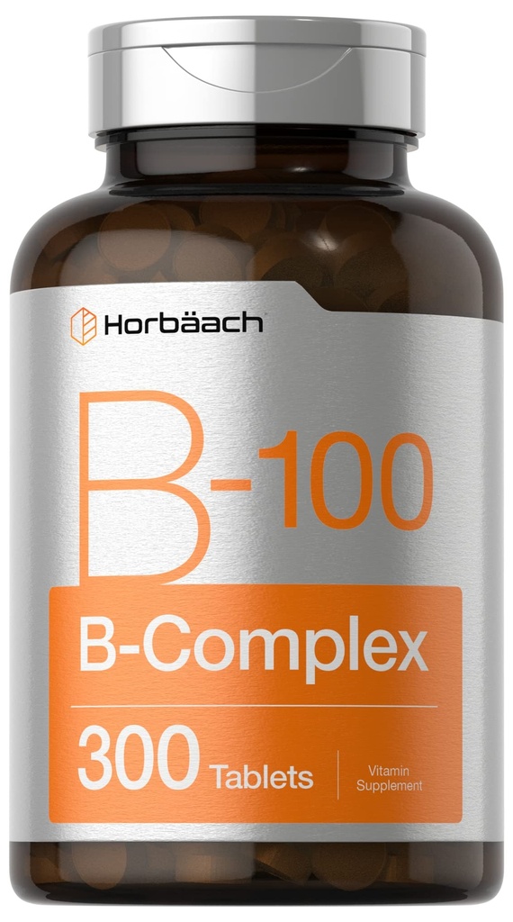 Horbäach-vitamiini B-100 Complex ... 100% päivittäisestä arvosta... 300 tablettia... Kasvisruokaa...