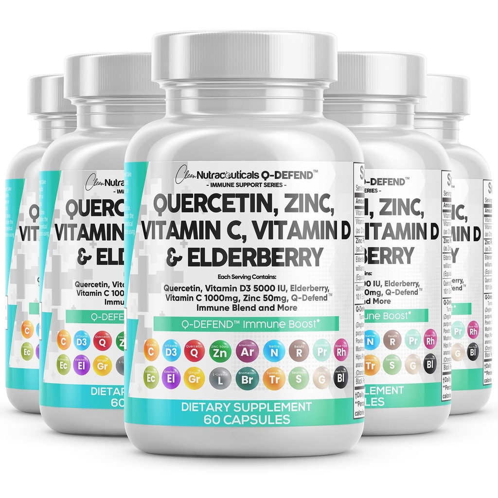 Clean Nutraceuticals Quercetin Zinc Vitamin C Vitamin D Bromelain Elderberry - Lung Immune Support Supplement Adults with Artemisinin, Sea Moss, Echinacea, Allergy Relief (60 greve av 5)